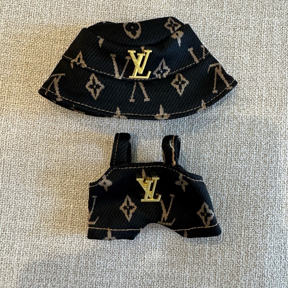 Labubu Brown and gold overalls romper with matching bucket hat